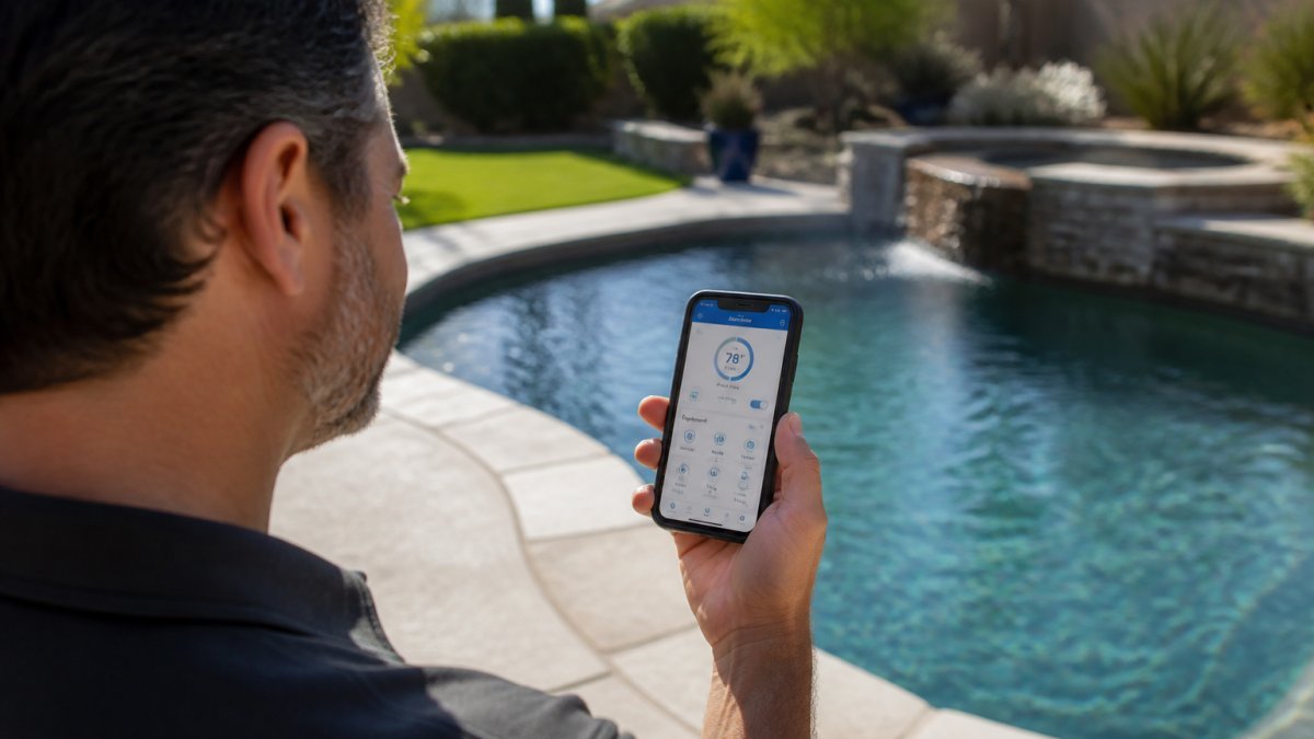 Best Pool Automation Systems for Homes 1 Homeowner holding smartphone displaying pool automation app interface showing temperature controls and equipment status, standing poolside on a sunny afternoon with pool water visible in background