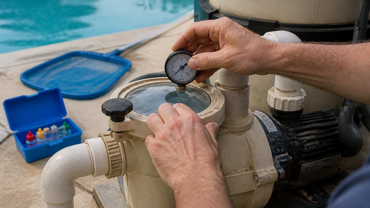 Best Practices for Pool Equipment Care: 2026 Guide 1 Close-up of a pool owner's hands checking the pressure gauge on a pool pump basket lid while the pump runs, with a skimmer net and test kit visible on the pool deck behind