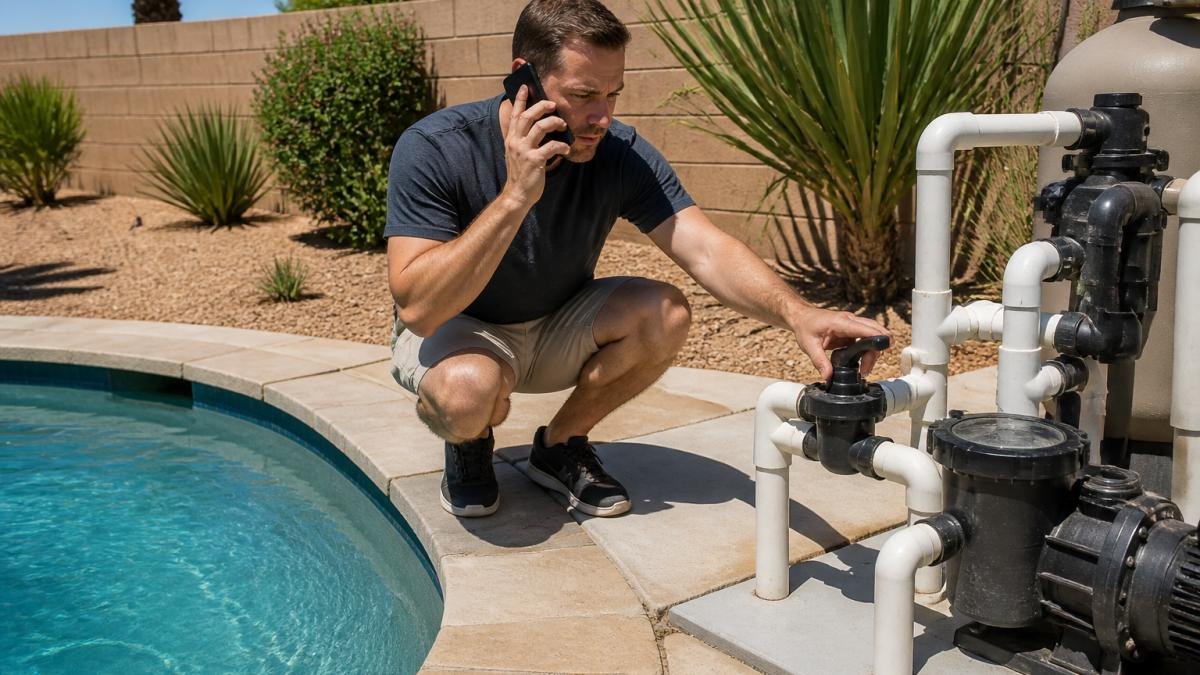 Homeowner kneeling by a pool pump to perform emergency pool repair while calling for professional help