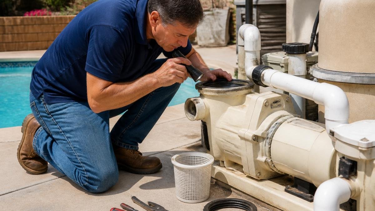 A homeowner in casual work clothes kneeling beside an outdoor pool pump, carefully inspecting the strainer basket lid with a flashlight, tools resting on the concrete pad nearby