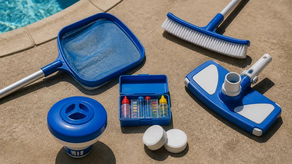 Overhead flat-lay arrangement of pool cleaning tools including skimmer net, pool brush, vacuum head, chemical test kit, and chlorine tablets on a poolside concrete surface with morning sunlight casting shadows