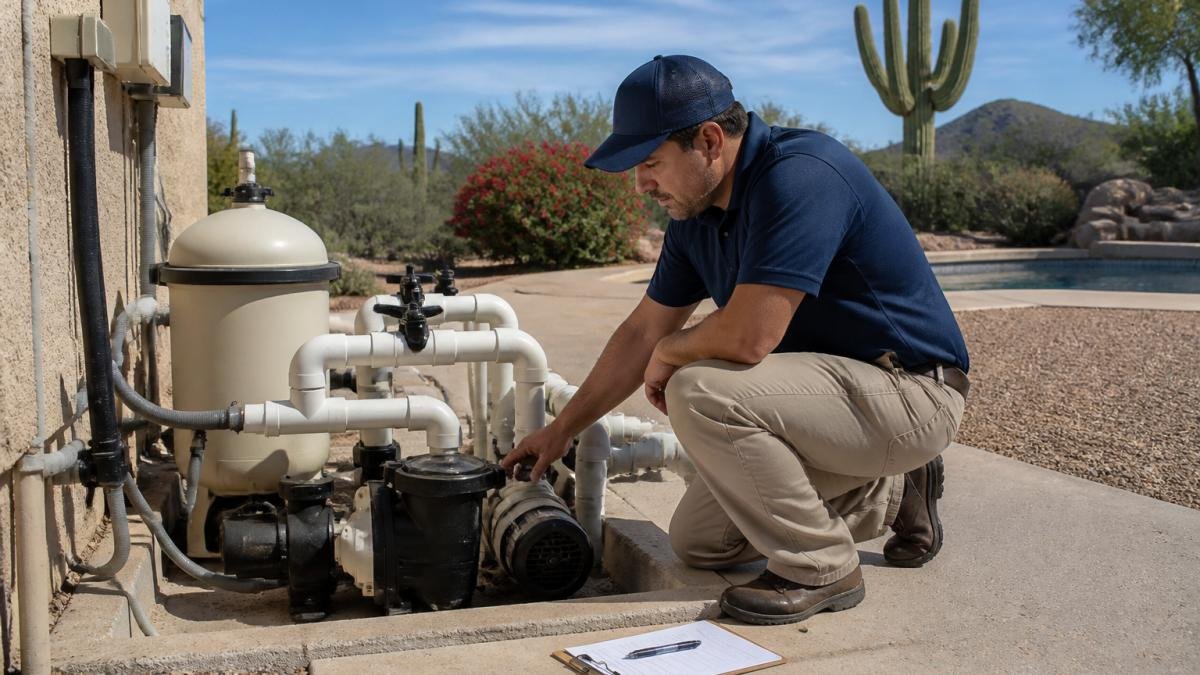 A pool technician in work clothes kneeling beside an open pool equipment pad, inspecting a pump with a clipboard nearby, desert landscaping visible in the background