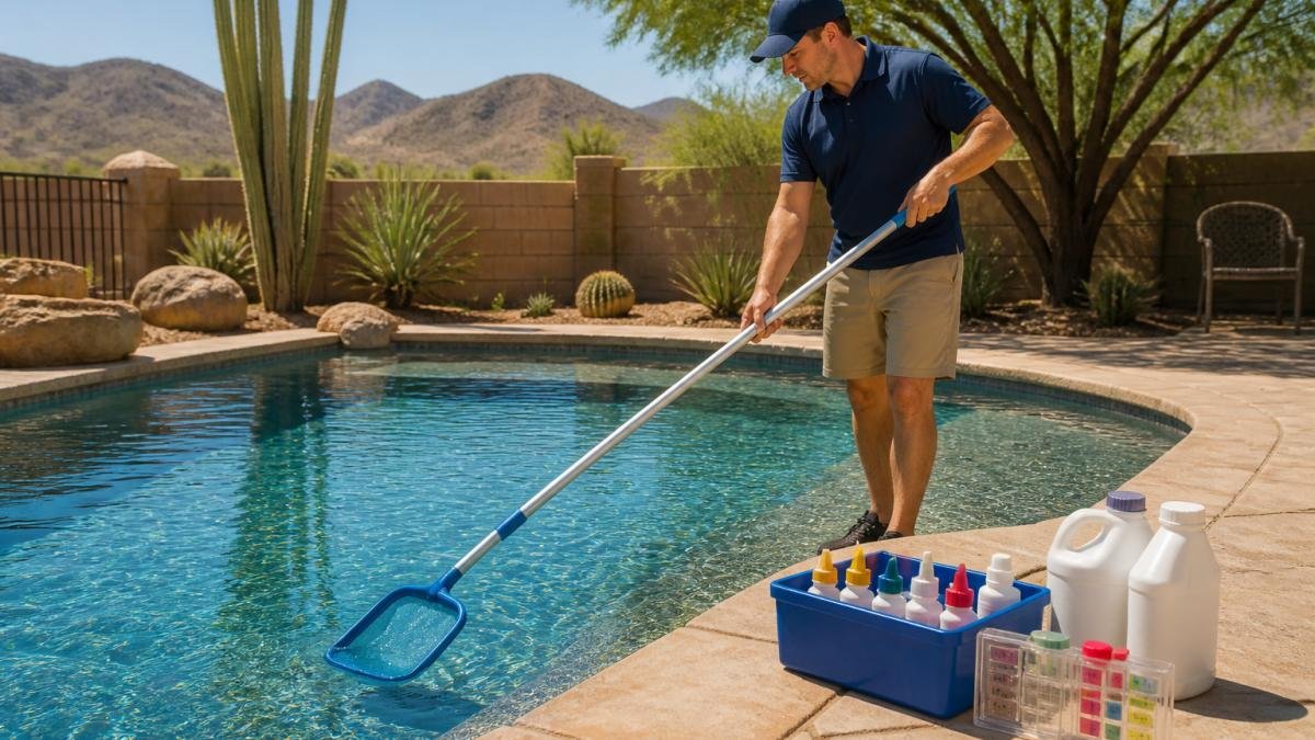 Pool Maintenance Services in Hesperia: 2026 Guide 1 Pool technician performing weekly pool maintenance by skimming debris in a backyard desert setting
