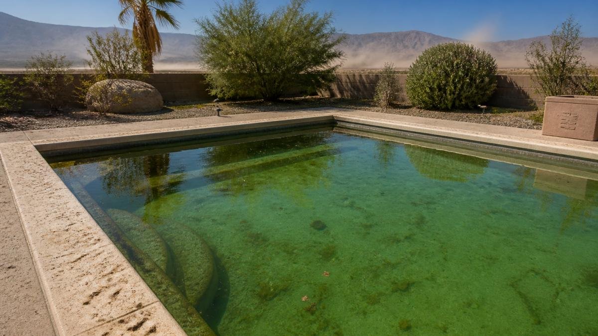 Preventing Algae in High Desert Pools: A Maintenance Guide 1 A high-desert pool surrounded by windblown dust and debris under intense afternoon sun with clear blue sky, showing the environmental challenges of the region