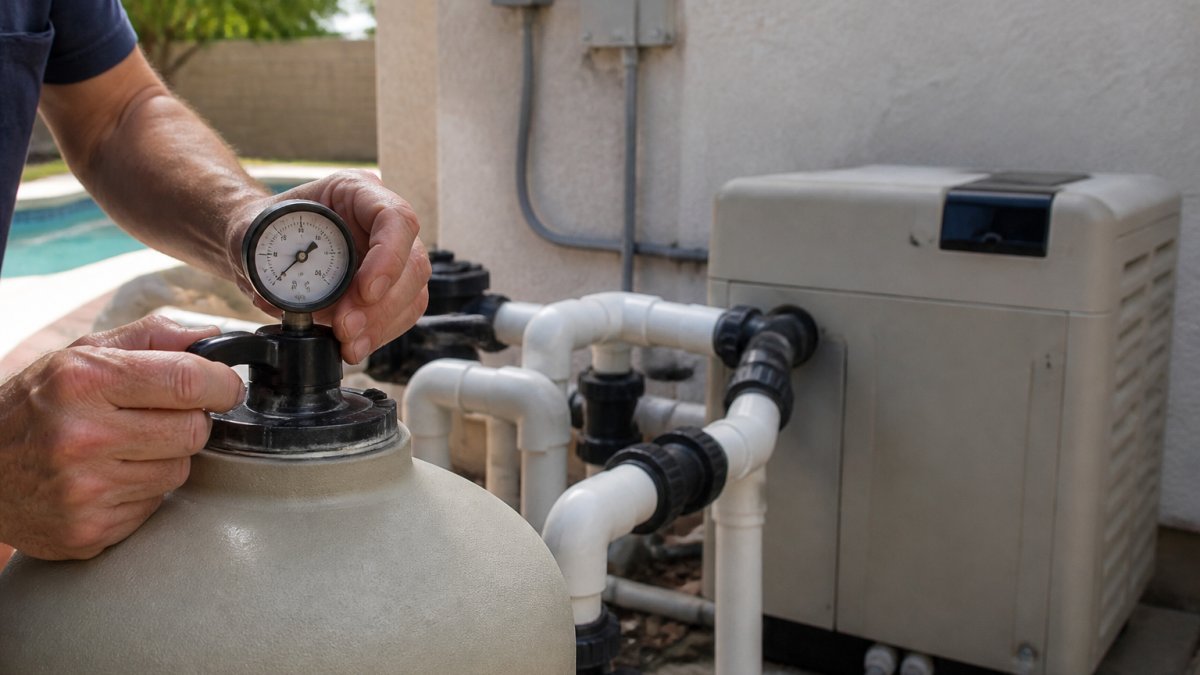 Troubleshooting Common Pool Heater Problems: 2026 Guide 1 A close-up of a pool owner's hands checking the pressure gauge on a pool filter system, with a pool heater and plumbing visible in the background at a residential backyard